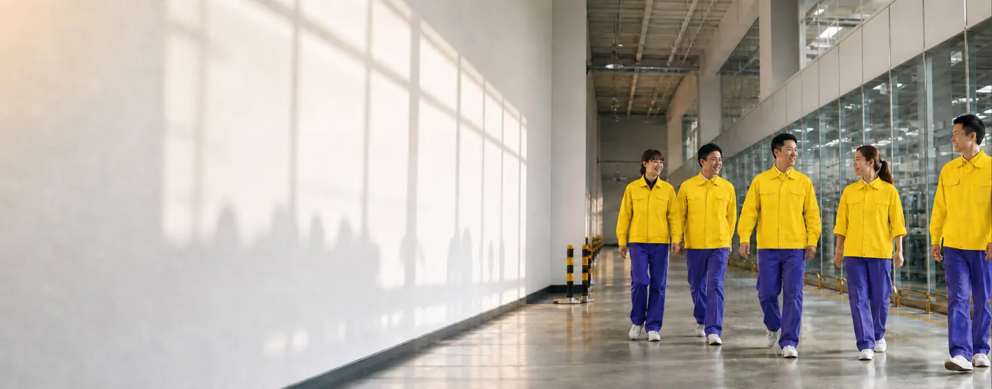 Fangxian employees in a factory corridor
