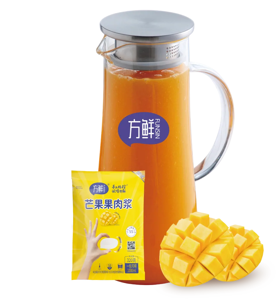 方鲜芒果果肉浆饮品与包装