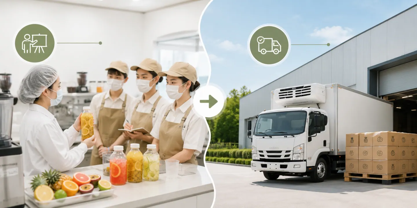 饮品生产、质检与运输示意