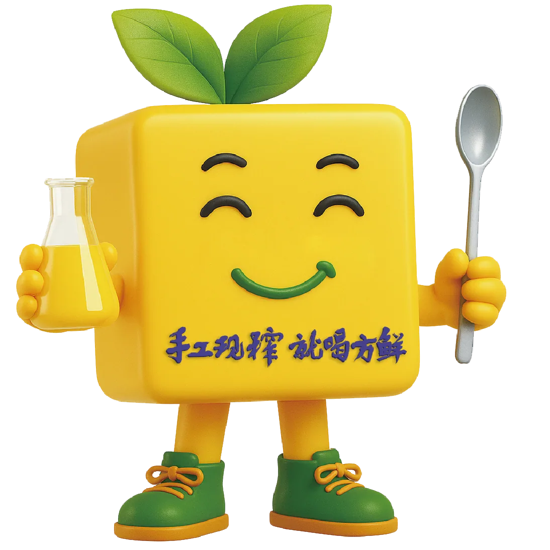 方鲜品牌吉祥物手持饮品和勺子