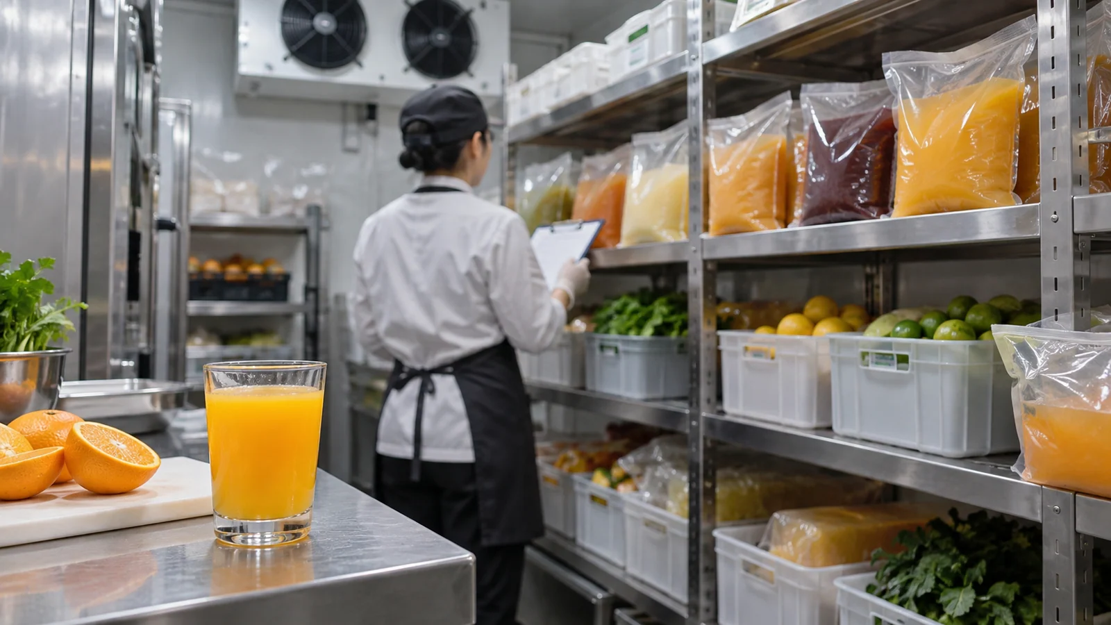 员工在餐饮储物区核对密封果汁原料与周转箱库存，AI生成