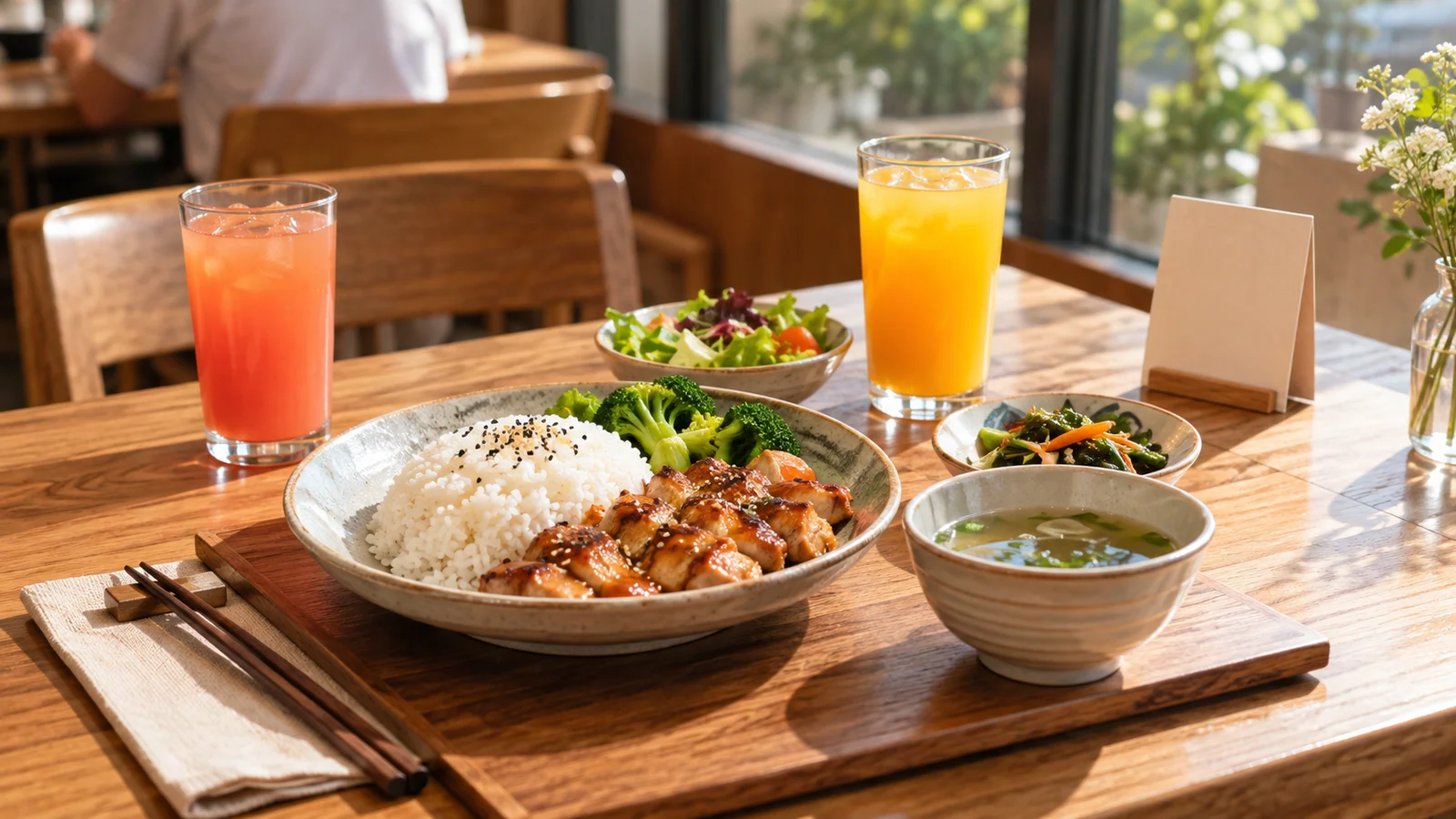 中餐米饭套餐与橙汁摆在木桌上,旁边有独立饮品和菜单卡,AI生成